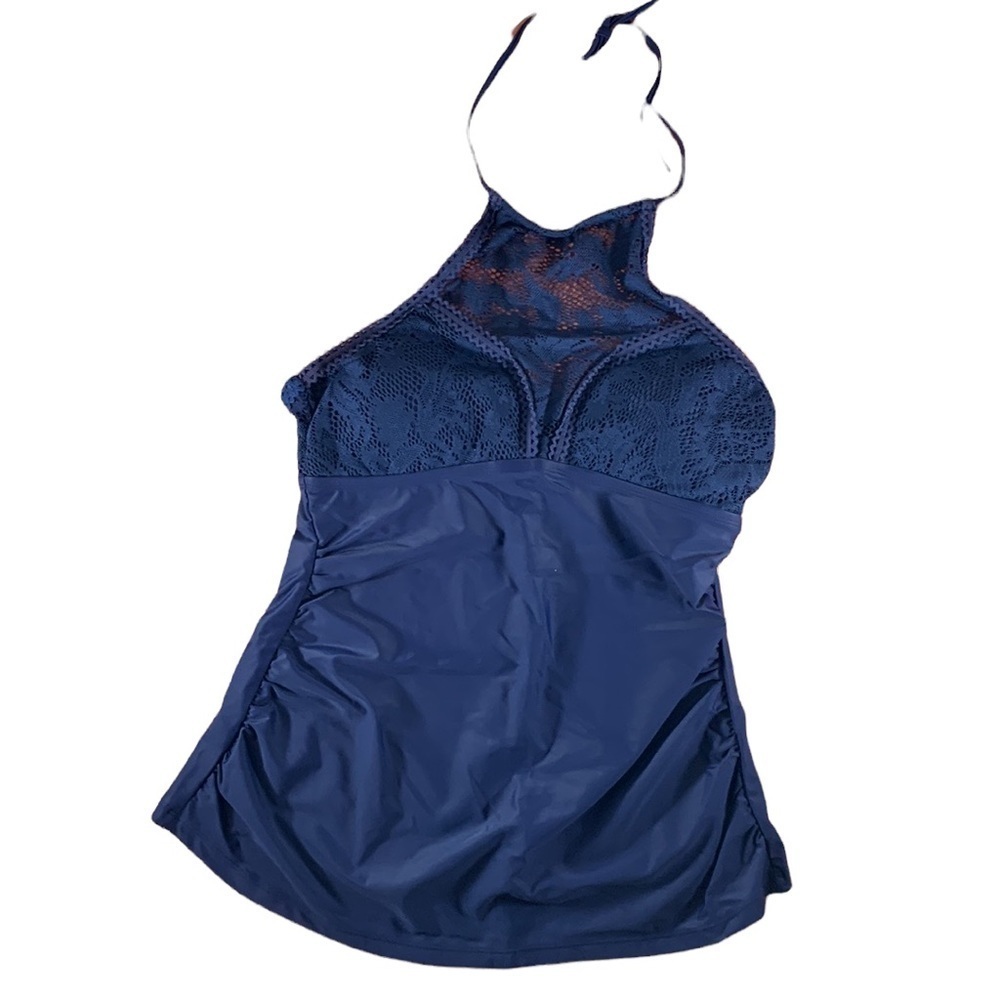 Coastal Blue Swimwear Crochet Halter Neck Tankini Top ONLY - Navy - Large